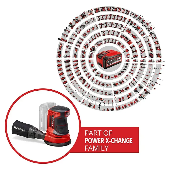 Einhell Power X-Change 18V Akku-Exzenterschleifer TE-RS 18 Li-Solo - 18 V, Ohne Akku, Durchmesser Schleifteller: 125 mm - Abbildung eines Einhell Exzenterschleifers mit Akku, Teil der Power X-Change Familie, präsentiert in einem Kreis von Werkzeugen.