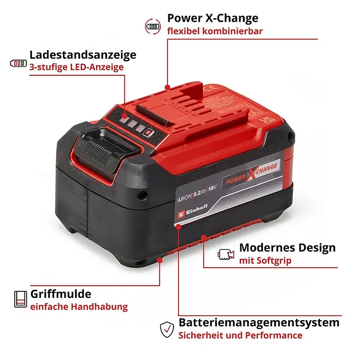 Einhell Power X-Change 18V Akku Power X-Change Plus - 18 V, 5,2 Ah - Einhell Power X-Change Akku mit Ladestandsanzeige und modernem Design für einfache Handhabung und Sicherheit. Flexibel kombinierbar.