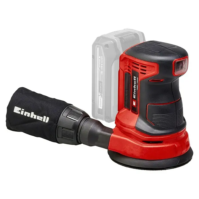 Einhell Power X-Change 18V Akku-Exzenterschleifer TE-RS 18 Li-Solo - 18 V, Ohne Akku, Durchmesser Schleifteller: 125 mm - Ein roter und schwarzer Exzenterschleifer von Einhell mit Staubfangsack und Akku. Ideal für Schleifarbeiten mit Staubabsaugung.