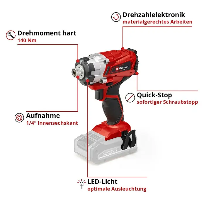Einhell Power X-Change 18V Akku-Schlagschrauber TE-CI 18/1 Li - 18 V, Ohne Akku - Abbildung eines Einhell Akku-Schlagschraubers mit Details wie Drehmoment, Aufnahme, Quick-Stop und LED-Licht.