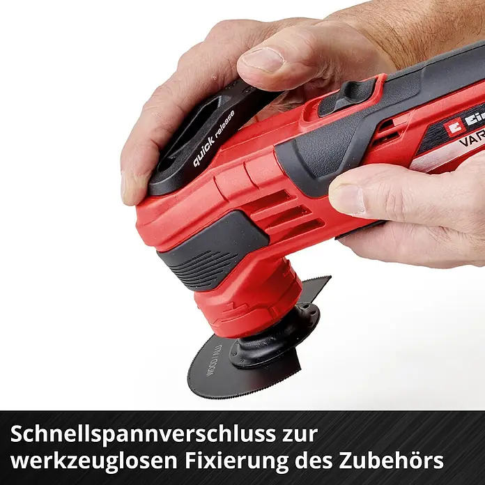 Einhell Power X-Change 18V Akku-Multifunktionswerkzeug Varrito - 18 V, Ohne Akku - Nahaufnahme eines roten oszillierenden Multifunktionswerkzeugs mit Schnellspannverschluss zur werkzeuglosen Fixierung des Zubehörs.