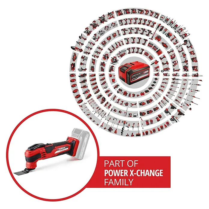 Einhell Power X-Change 18V Akku-Multifunktionswerkzeug Varrito - 18 V, Ohne Akku - Ein rotes Einhell Power X-Change Multifunktionswerkzeug mit Akku im Vordergrund, umgeben von einer Vielzahl weiterer Werkzeuge aus derselben Serie.