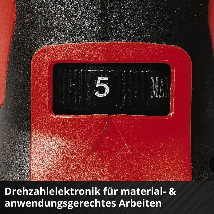 Einhell Power X-Change 18V Akku-Multifunktionswerkzeug TC-MG 18 Li-Solo - 18 V, Ohne Akku - Nahaufnahme eines Drehzahlreglers mit der Einstellung "5" und der Aufschrift "MAX" auf einem Werkzeug.