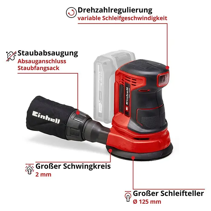 Einhell Power X-Change 18V Akku-Exzenterschleifer TE-RS 18 Li-Solo - 18 V, Ohne Akku, Durchmesser Schleifteller: 125 mm - Detailansicht des Einhell Exzenterschleifers mit Staubabsaugung und variabler Schleifgeschwindigkeit.
