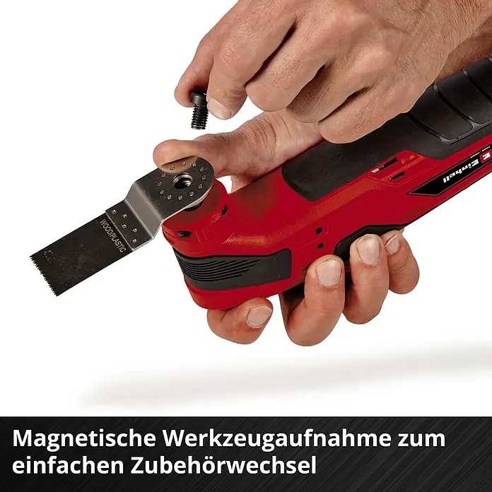 Einhell Power X-Change 18V Akku-Multifunktionswerkzeug TC-MG 18 Li-Solo - 18 V, Ohne Akku - Magnetische Werkzeugaufnahme für einfachen Zubehörwechsel. Das Multifunktionswerkzeug ermöglicht einen schnellen Klingenwechsel.