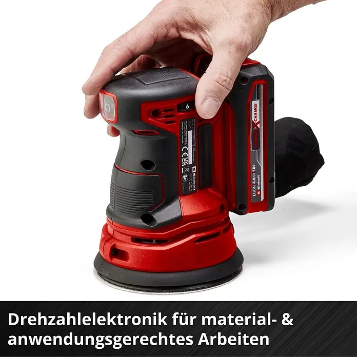 Einhell Power X-Change 18V Akku-Exzenterschleifer TE-RS 18 Li-Solo - 18 V, Ohne Akku, Durchmesser Schleifteller: 125 mm - Einhand-Akku-Exzenterschleifer von Einhell mit rotem Gehäuse und schwarzem Staubfangsack.
