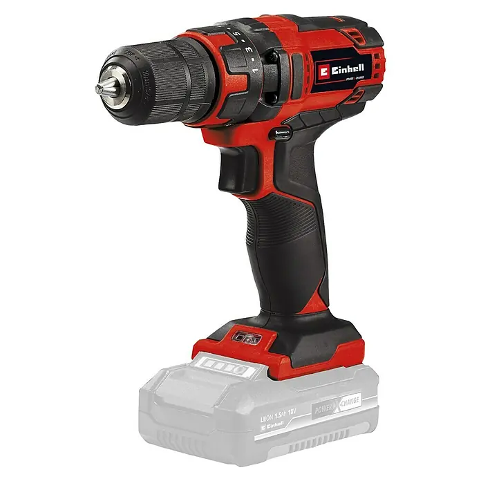 Einhell Power X-Change 18V Akku-Bohrschrauber TC-CD 18/35 Li-Solo - 18 V, Ohne Akku, 35 Nm - Abbildung eines Einhell Akku-Bohrschraubers, ein rotes und schwarzes Elektrowerkzeug mit einem Bohrfutter und einem Akku.