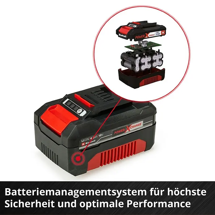 Einhell Professional Power X-Change 18V Akku PXC-Twinpack CB 2 - 18 V, 2 Akkus, 4 Ah - Das Bild zeigt einen Einhell Power X-Change Akku, zerlegt, um das Batteriemanagementsystem hervorzuheben.