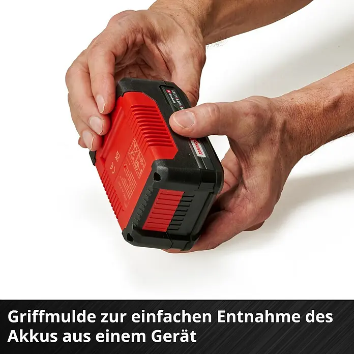 Einhell Professional Power X-Change 18V Akku PXC-Twinpack CB 2 - 18 V, 2 Akkus, 4 Ah - Der Einhell 18V 4.0Ah Akku wird von Händen gehalten. Er ist rot und schwarz, mit Griffmulden für einfache Entnahme.