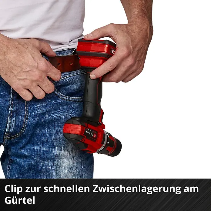 Einhell Power X-Change 18V Akku-Bohrschrauber TE-CD 18/40 Li-Solo - 18 V, Ohne Akku, 40 Nm - Der Einhell Akku-Bohrschrauber Power X-Change wird am Gürtel befestigt.
