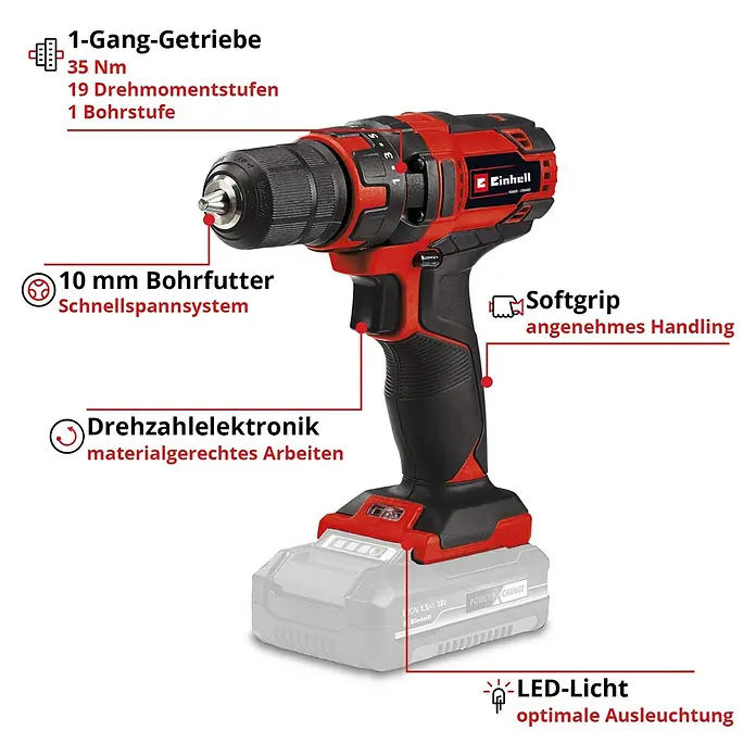 Einhell Power X-Change 18V Akku-Bohrschrauber TC-CD 18/35 Li-Solo - 18 V, Ohne Akku, 35 Nm - Akku-Bohrschrauber von Einhell, mit 1-Gang-Getriebe, 35 Nm Drehmoment, 19 Drehmomentstufen, 10 mm Bohrfutter und LED-Licht.