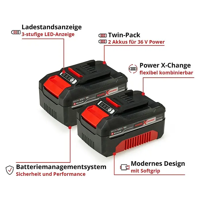 Einhell Professional Power X-Change 18V Akku PXC-Twinpack CB 2 - 18 V, 2 Akkus, 4 Ah - Abbildung von zwei Einhell Power X-Change Akkus mit LED-Anzeige, Twin-Pack für 36 V Power, flexible Kombination, Batteriemanagementsystem, modernes Design.