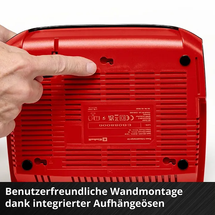 Einhell Power X-Change 18V Batterie-Ladegerät Power-X-Boostcharger 6 A - Passend für: Einhell Power X-Change Akkus - Nahaufnahme des Einhell EB088006 Ladegeräts mit benutzerfreundlicher Wandmontage dank integrierter Aufhängeösen.