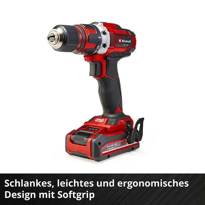 Einhell Power X-Change 18V Akku-Bohrschrauber TE-CD 18/40 Li-Solo - 18 V, Ohne Akku, 40 Nm - Akku-Bohrschrauber von Einhell, rot und schwarz, mit schlankem, leichtem und ergonomischem Design mit Softgrip für komfortables Arbeiten.