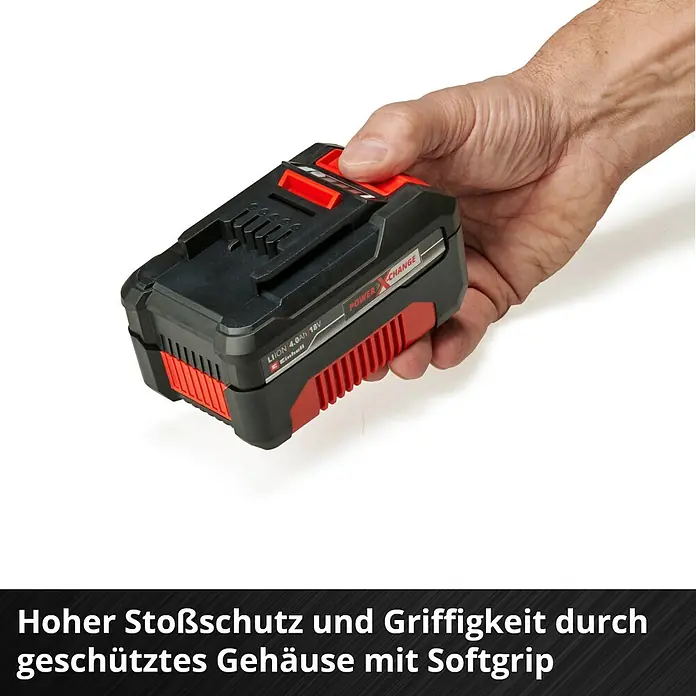 Einhell Professional Power X-Change 18V Akku PXC-Twinpack CB 2 - 18 V, 2 Akkus, 4 Ah - Nahaufnahme eines Einhell Power X-Change 18V 4.0Ah Akkus in einer Hand, der durch sein robustes Gehäuse mit Softgrip überzeugt.