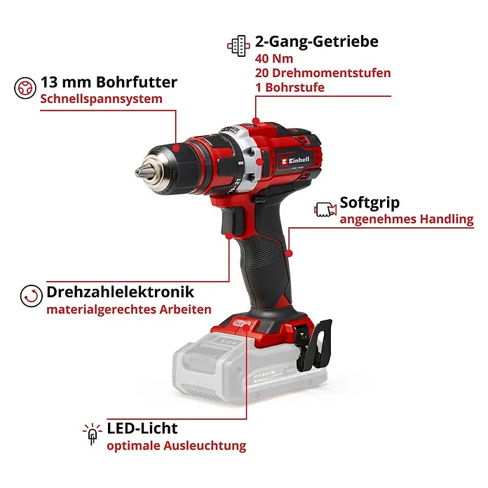 Einhell Power X-Change 18V Akku-Bohrschrauber TE-CD 18/40 Li-Solo - 18 V, Ohne Akku, 40 Nm - Akku-Bohrschrauber von Einhell mit 2-Gang-Getriebe, 40 Nm, 20 Drehmomentstufen, 13 mm Bohrfutter, Drehzahlelektronik, Softgriff und LED-Licht.
