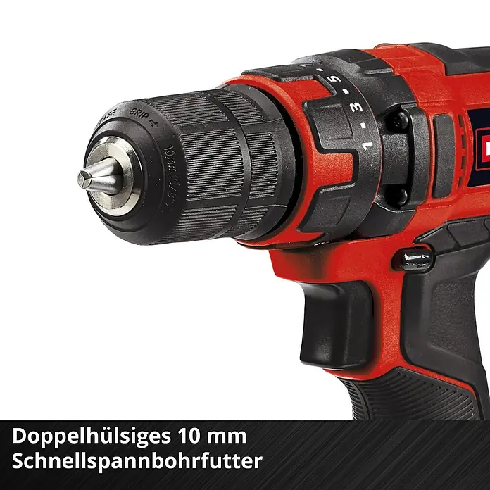 Einhell Power X-Change 18V Akku-Bohrschrauber TC-CD 18/35 Li-Solo - 18 V, Ohne Akku, 35 Nm - Abbildung eines Einhell Akku-Bohrschraubers mit einem 10-mm-Doppelhülsen-Schnellspannbohrfutter.