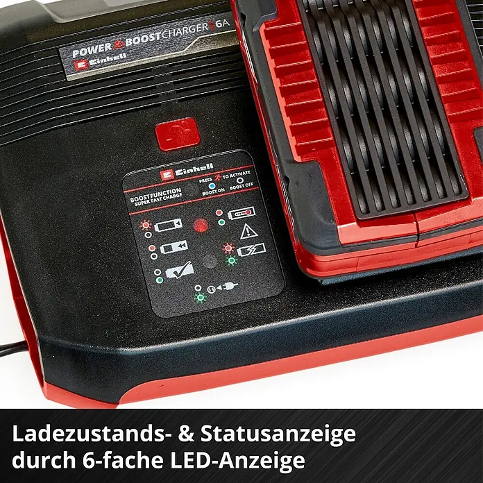 Einhell Power X-Change 18V Batterie-Ladegerät Power-X-Boostcharger 6 A - Passend für: Einhell Power X-Change Akkus - Nahaufnahme eines Einhell Power Boost Charger 6A, der Ladezustand wird durch eine 6-fache LED-Anzeige dargestellt.
