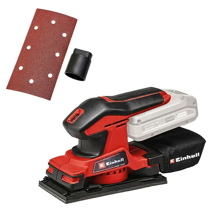Einhell Power X-Change 18V Akku-Schwingschleifer TC-OS 18/187 Li-Solo - 18 V, Ohne Akku, Leerlaufschwingzahl: 0 U/min - 24.000 U/min, Schleiffläche: 181,39 cm² - Der Einhell Akku-Multischleifer TE-OS 18/1 Li-Solo mit Schleifpapier und Staubabsaugadapter ist ein praktisches Werkzeug für Schleifarbeiten.