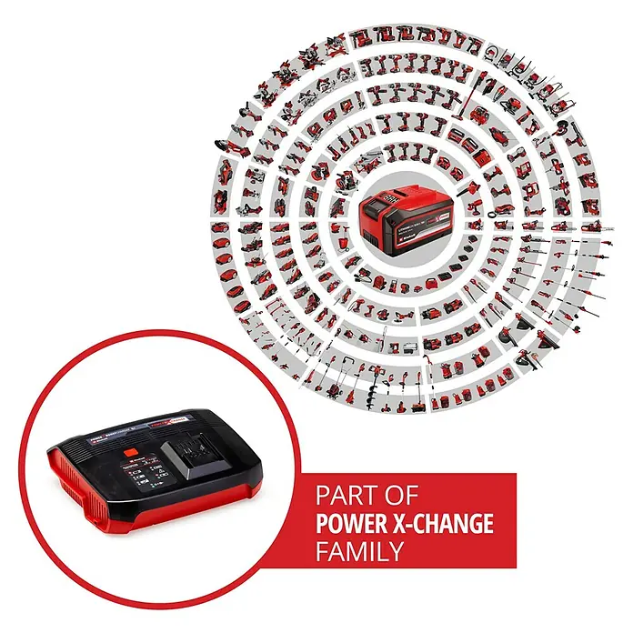 Einhell Power X-Change 18V Batterie-Ladegerät Power-X-Boostcharger 6 A - Passend für: Einhell Power X-Change Akkus - Produktabbildung des Power X-Change Akku-Ladegeräts, das Teil der Power X-Change Familie ist, mit dazugehörigen Geräten im Hintergrund.