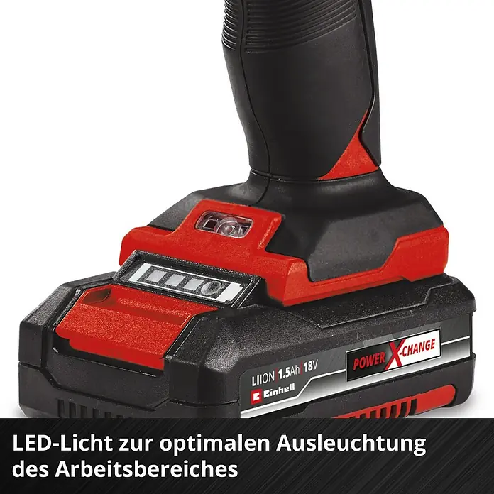 Einhell Power X-Change 18V Akku-Bohrschrauber TC-CD 18/35 Li-Solo - 18 V, Ohne Akku, 35 Nm - Nahaufnahme eines Einhell Elektrowerkzeugs mit Akku und LED-Licht für optimale Ausleuchtung.