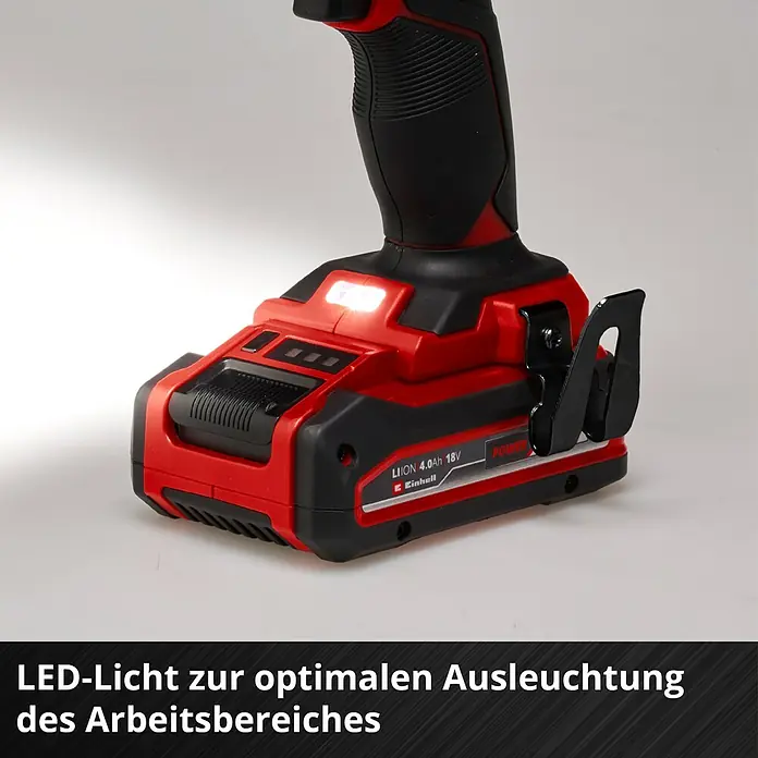 Einhell Power X-Change 18V Akku-Bohrschrauber TE-CD 18/40 Li-Solo - 18 V, Ohne Akku, 40 Nm - Nahaufnahme eines Einhell Akku-Bohrschraubers mit LED-Licht für optimale Ausleuchtung des Arbeitsbereichs.