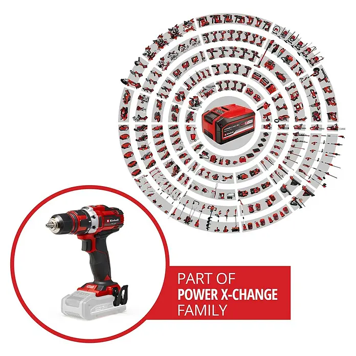 Einhell Power X-Change 18V Akku-Bohrschrauber TE-CD 18/40 Li-Solo - 18 V, Ohne Akku, 40 Nm - Bild eines Einhell Akku-Bohrschraubers, Teil der Power X-Change Familie, mit rotem und schwarzem Design, ideal für Heimwerkerprojekte.