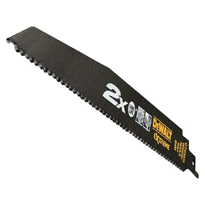 DeWalt Hoja de sierra de sable DT2307L-QZ - Madera gruesa, 5 pzs., Largo: 228 mm - Hoja de sierra sable DEWALT negra para madera y clavos, marcada 'Extreme 2x Long Life'.