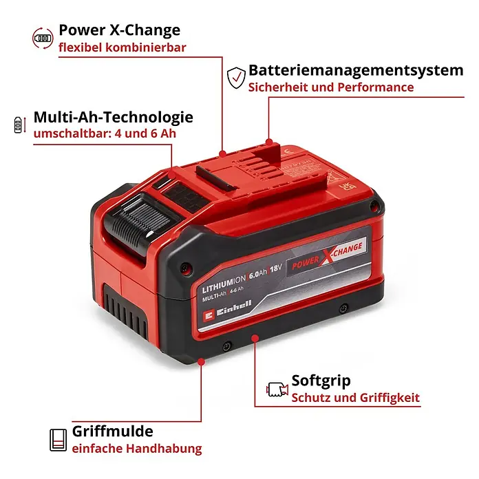 Einhell Power X-Change 18V Akku Multi-Ah PXC-Plus - 18 V, 4 Ah - 6 Ah - Abbildung eines Einhell Power X-Change Akkus mit Multi-Ah-Technologie für flexible Anwendungen.