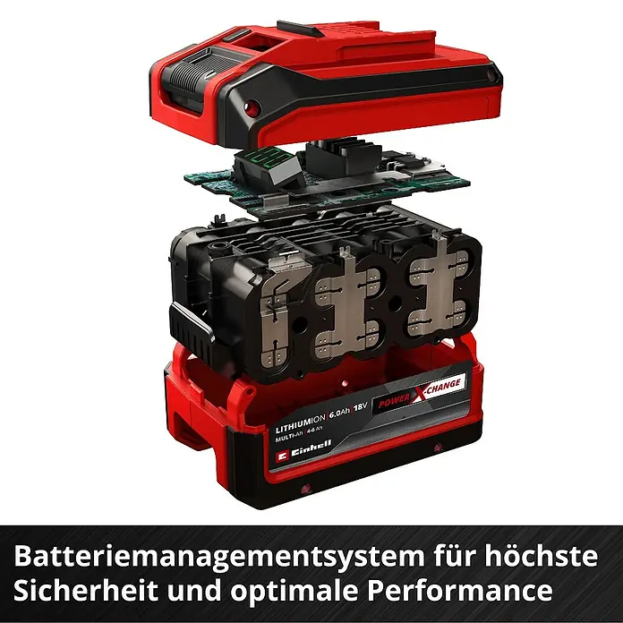 Einhell Power X-Change 18V Akku Multi-Ah PXC-Plus - 18 V, 4 Ah - 6 Ah - Explosionsansicht eines Einhell Power X-Change 18V 6.0Ah Akkus mit Batteriemanagementsystem für Sicherheit und Leistung.