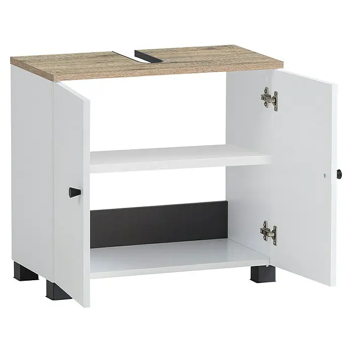 Schildmeyer Bento Waschtischunterschrank - B x T x H: 59,8 x 32,6 x 62,4 cm, Weiß/Eiche, Matt - Offener weißer Unterschrank mit Holzarbeitsplatte und zwei Regalen. Ideal für Badezimmer oder andere Räume, die Stauraum benötigen.