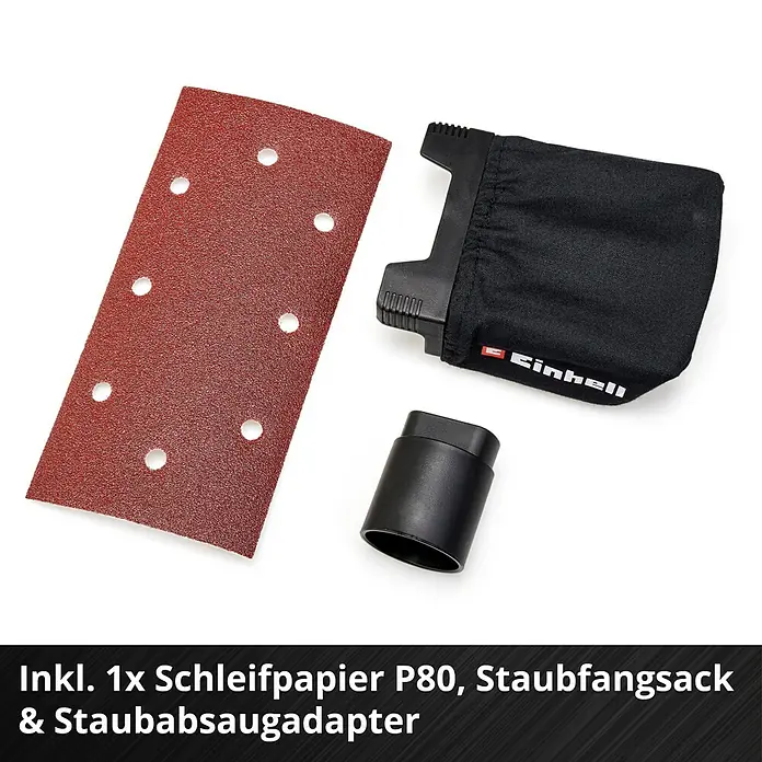 Einhell Power X-Change 18V Akku-Schwingschleifer TC-OS 18/187 Li-Solo - 18 V, Ohne Akku, Leerlaufschwingzahl: 0 U/min - 24.000 U/min, Schleiffläche: 181,39 cm² - Ein Set bestehend aus Schleifpapier P80, einem Staubfangsack und einem Staubabsaugadapter für Schleifarbeiten.