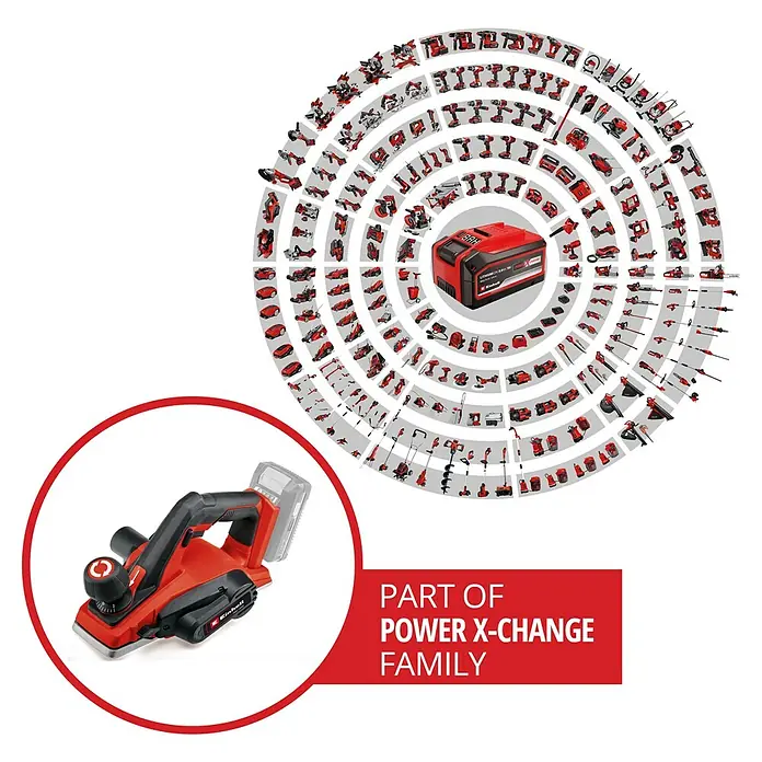 Einhell Power X-Change 18V Akku-Hobel TE-PL 18/82 Li-Solo - 18 V, Ohne Akku, Max. Leerlaufdrehzahl: 15.000 U/min - Darstellung einer Einhell Elektrohobel-Maschine. Sie ist Teil der Power X-Change-Familie und mit einem Akku ausgestattet.