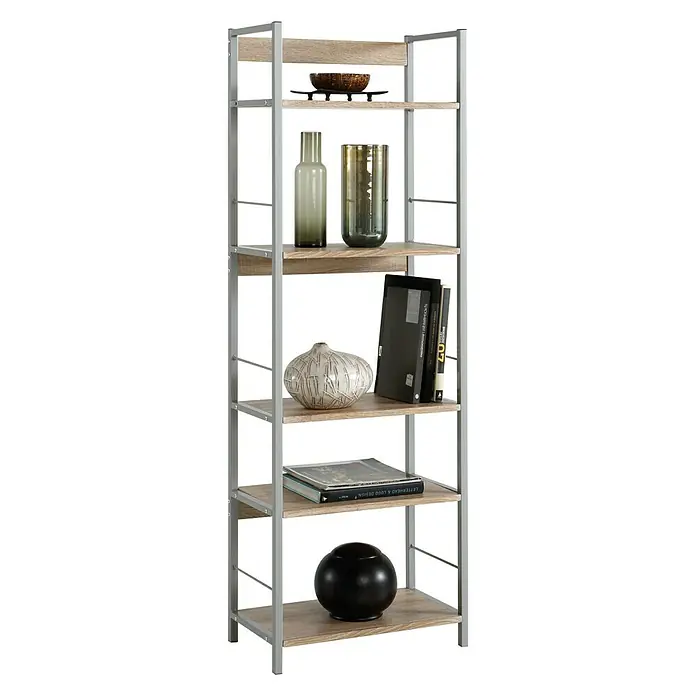 Estantería de madera Kala Industrial - Al x An x Pr: 150 x 52 x 30 cm, Número de baldas: 5 ud., Atornillado, Natural/Gris - Estantería moderna con cinco estantes y estructura metálica de color plata, ideal para salón u oficina.