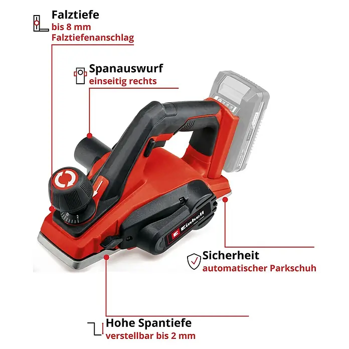 Einhell Power X-Change 18V Akku-Hobel TE-PL 18/82 Li-Solo - 18 V, Ohne Akku, Max. Leerlaufdrehzahl: 15.000 U/min - Das Bild zeigt einen Einhell Akku-Hobel mit Erläuterungen zu Falztiefe, Spanauswurf, Spantiefe und Sicherheit.