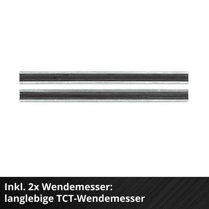 Einhell Power X-Change 18V Akku-Hobel TE-PL 18/82 Li-Solo - 18 V, Ohne Akku, Max. Leerlaufdrehzahl: 15.000 U/min - Bild von zwei TCT-Wendemessern, die für ihre Langlebigkeit bekannt sind und präzise Schnitte bei verschiedenen Anwendungen ermöglichen.
