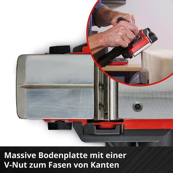 Einhell Power X-Change 18V Akku-Hobel TE-PL 18/82 Li-Solo - 18 V, Ohne Akku, Max. Leerlaufdrehzahl: 15.000 U/min - Bild einer Hobelmaschine mit massiver Bodenplatte und V-Nut zum Fasen von Kanten.