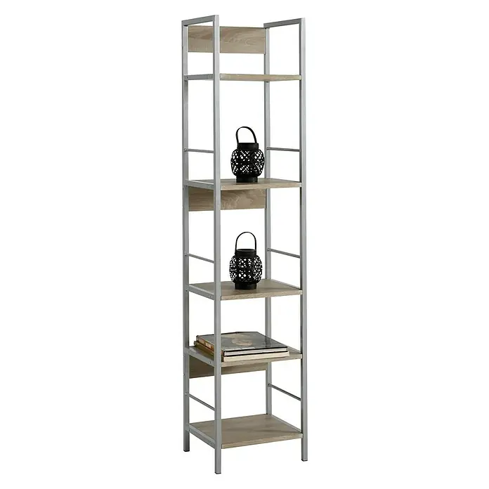 Estantería de madera Kala Industrial - Al x An x Pr: 150 x 34 x 30 cm, Número de baldas: 5 ud., Atornillado, Natural/Gris - Estantería moderna con cinco estantes, ideal para salón u oficina, con elementos decorativos.