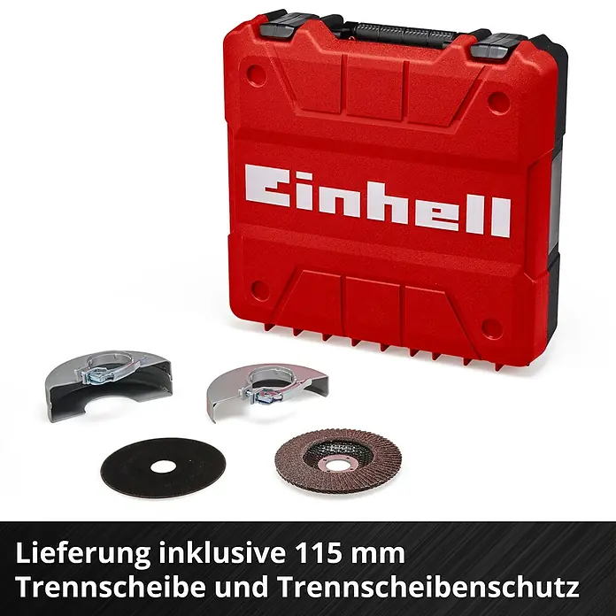 Einhell Power X-Change 18V Akku-Winkelschleifer TE-AG 18/115 Li-SoloAcc - 18 V, Ohne Akku, Durchmesser Scheibe: 115 mm - Ein roter Einhell Werkzeugkoffer mit Zubehör wie Trennscheiben und Schutzvorrichtungen für Trennscheiben.