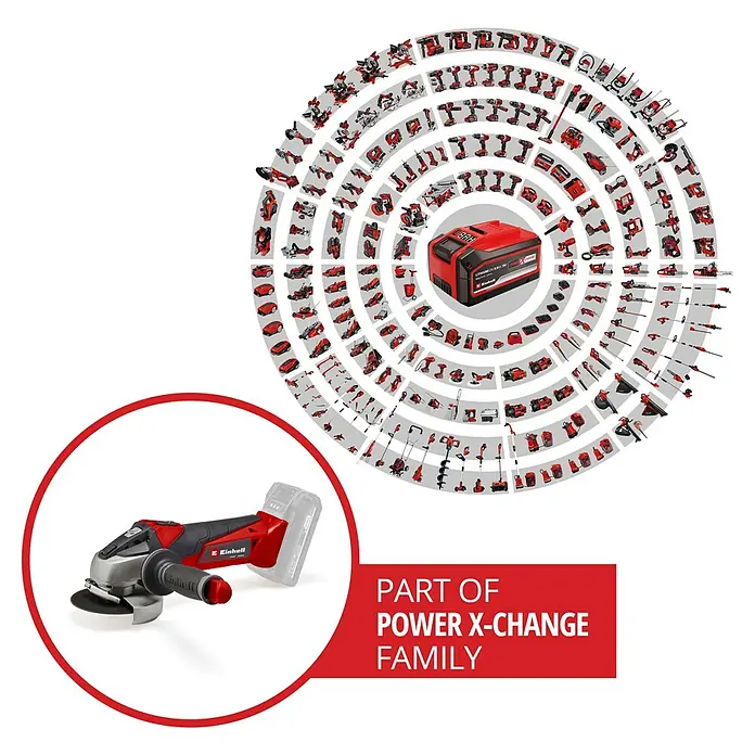 Einhell Power X-Change 18V Akku-Winkelschleifer TE-AG 18/115 Li-SoloAcc - 18 V, Ohne Akku, Durchmesser Scheibe: 115 mm - Darstellung einer Einhell Akku-Winkelschleifer mit Power X-Change Akku, eingebettet in das Sortiment der Power X-Change Familie.