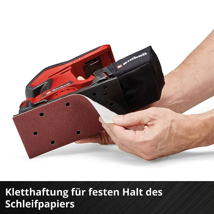 Einhell Power X-Change 18V Akku-Schwingschleifer TC-OS 18/187 Li-Solo - 18 V, Ohne Akku, Leerlaufschwingzahl: 0 U/min - 24.000 U/min, Schleiffläche: 181,39 cm² - Schleifpapierwechsel an einem Einhell-Elektrowerkzeug für Holzbearbeitung.