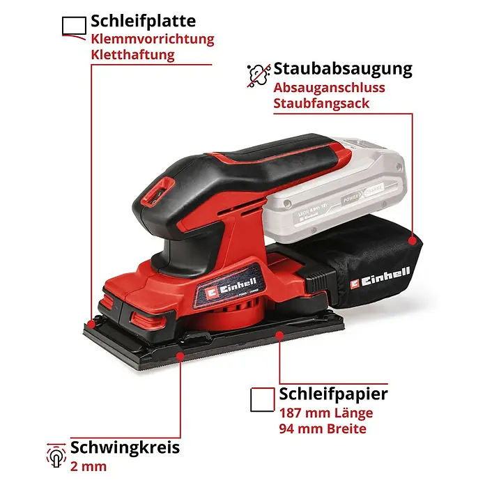 Einhell Power X-Change 18V Akku-Schwingschleifer TC-OS 18/187 Li-Solo - 18 V, Ohne Akku, Leerlaufschwingzahl: 0 U/min - 24.000 U/min, Schleiffläche: 181,39 cm² - Abbildung eines Einhell Exzenterschleifers mit Staubabsaugung, Schleifplatte mit Klettverschluss und Schleifpapier mit den Maßen 187 mm Länge und 94 mm Breite.