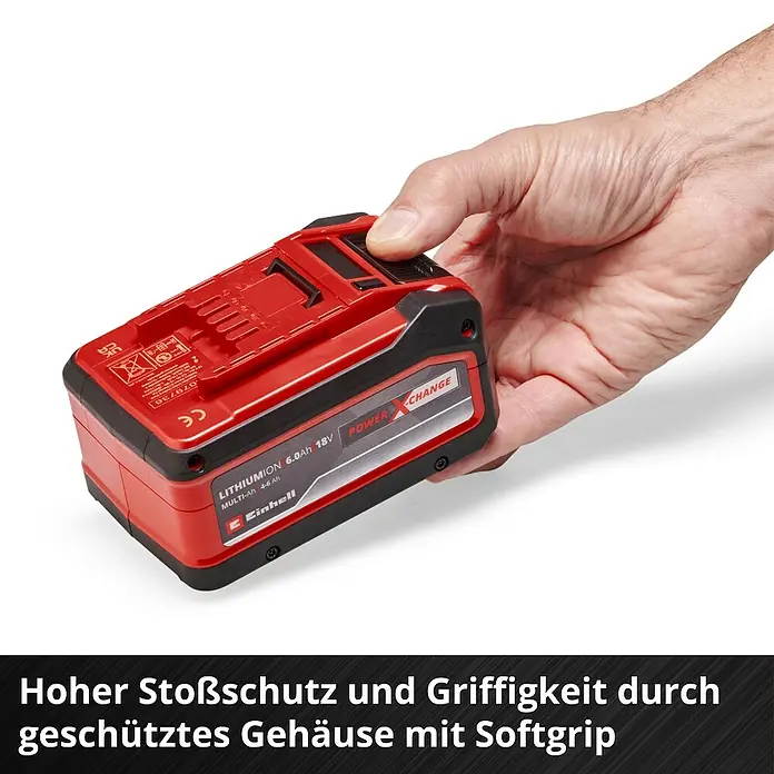 Einhell Power X-Change 18V Akku Multi-Ah PXC-Plus - 18 V, 4 Ah - 6 Ah - Nahaufnahme eines Einhell 18V 6.0Ah Power X-Change Akkus, der in einer Hand gehalten wird. Ideal für Werkzeuge und Gartengeräte.