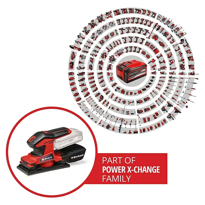 Einhell Power X-Change 18V Akku-Schwingschleifer TC-OS 18/187 Li-Solo - 18 V, Ohne Akku, Leerlaufschwingzahl: 0 U/min - 24.000 U/min, Schleiffläche: 181,39 cm² - Abbildung eines Einhell Power X-Change Akku-Exzenterschleifers, der Teil einer Produktreihe mit Akku-Kompatibilität ist.