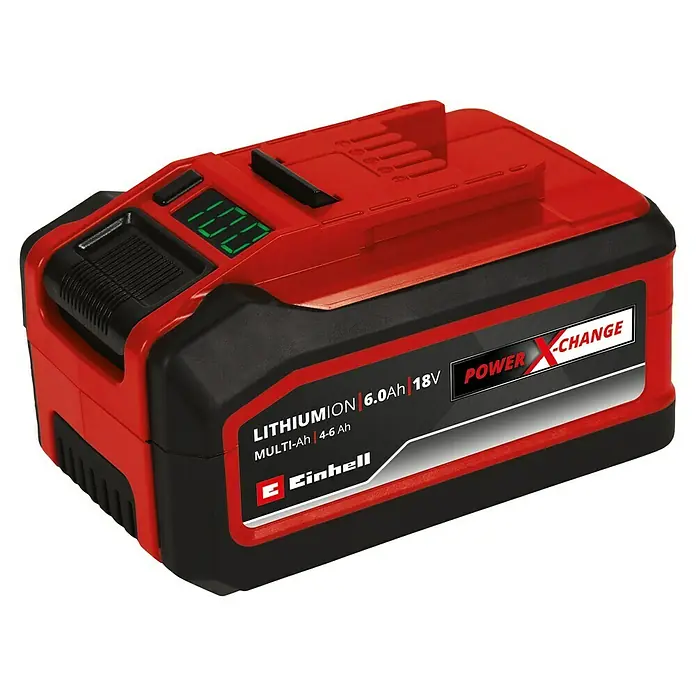 Einhell Power X-Change 18V Akku Multi-Ah PXC-Plus - 18 V, 4 Ah - 6 Ah - Akku Power X-Change 18V 6.0Ah Multi-Ah von Einhell, rot-schwarzes Design mit digitaler Anzeige des Ladezustands.