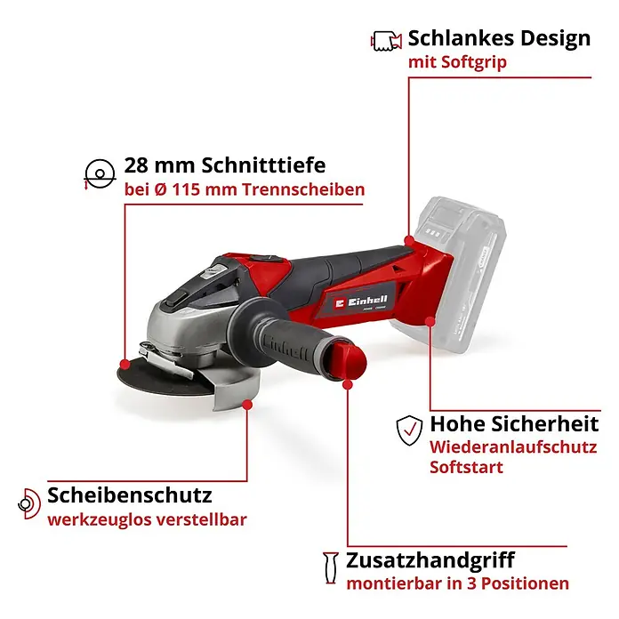 Einhell Power X-Change 18V Akku-Winkelschleifer TE-AG 18/115 Li-SoloAcc - 18 V, Ohne Akku, Durchmesser Scheibe: 115 mm - Akkubetriebener Winkelschleifer von Einhell mit schlankem Design, Softgrip und einstellbarem Zusatzhandgriff für hohe Sicherheit.