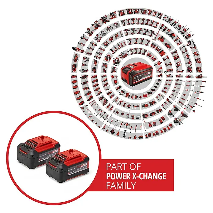 Einhell Power X-Change 18V Akku-Set PXC Plus Twinpack - 18 V, 5,2 Ah, 2 Akkus - Abbildung von Einhell Power X-Change Akkus und kompatiblen Werkzeugen, die die Vielfalt des Systems hervorheben.