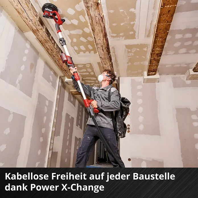 Einhell Professional Power X-Change 18V Akku-Wand- & Deckenschleifer TP-DW 18/225 Li - Solo - 18 V, Ohne Akku, Durchmesser Schleifscheibe: 225 mm - Akkubetriebener Trockenbauschleifer im Einsatz, ideal für staubfreies Schleifen von Decken und Wänden.