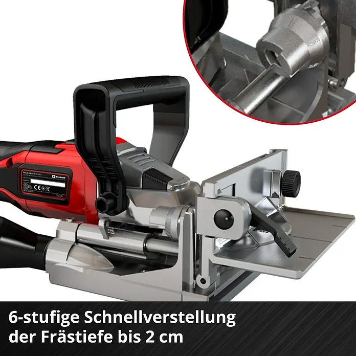 Einhell Power X-Change 18V Akku-Flachdübelfräse TE-BJ 18 Li - Solo - 18 V, Ohne Akku, Leerlaufdrehzahl: 6.500 U/min - Bild einer Nutfräse von Einhell mit Tiefeneinstellung. Ideal für präzise Holzarbeiten.