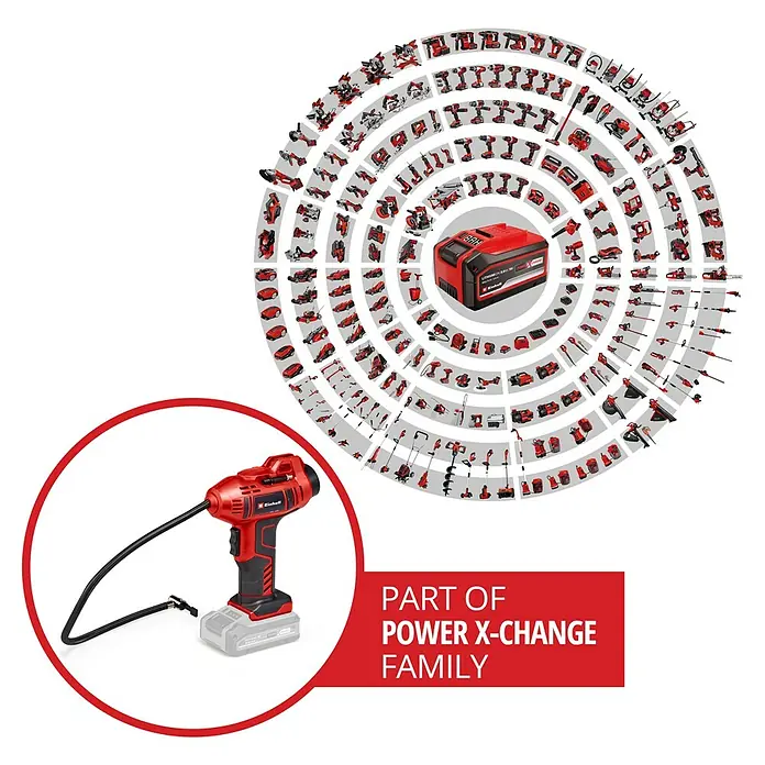 Einhell Power X-Change 18V Akku-Kompressor CE-CC 18 Li-Solo - 18 V, Ohne Akku, 11 bar - Abbildung einer roten Einhell Akku-Luftpumpe mit schwarzem Schlauch, Teil der Power X-Change Familie.